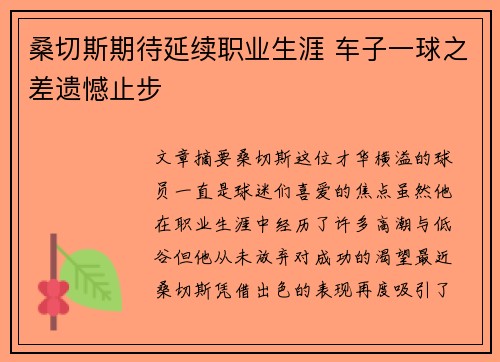 桑切斯期待延续职业生涯 车子一球之差遗憾止步 桑切斯期待延续职业生涯 车子一球之差遗憾止步