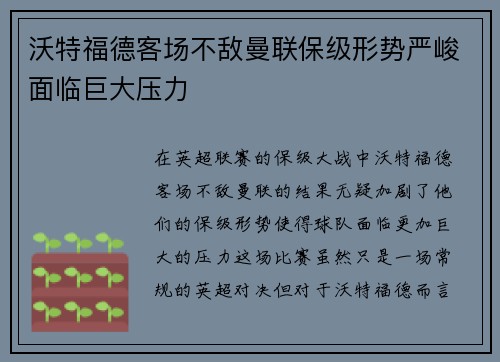 沃特福德客场不敌曼联保级形势严峻面临巨大压力 沃特福德客场不敌曼联保级形势严峻面临巨大压力
